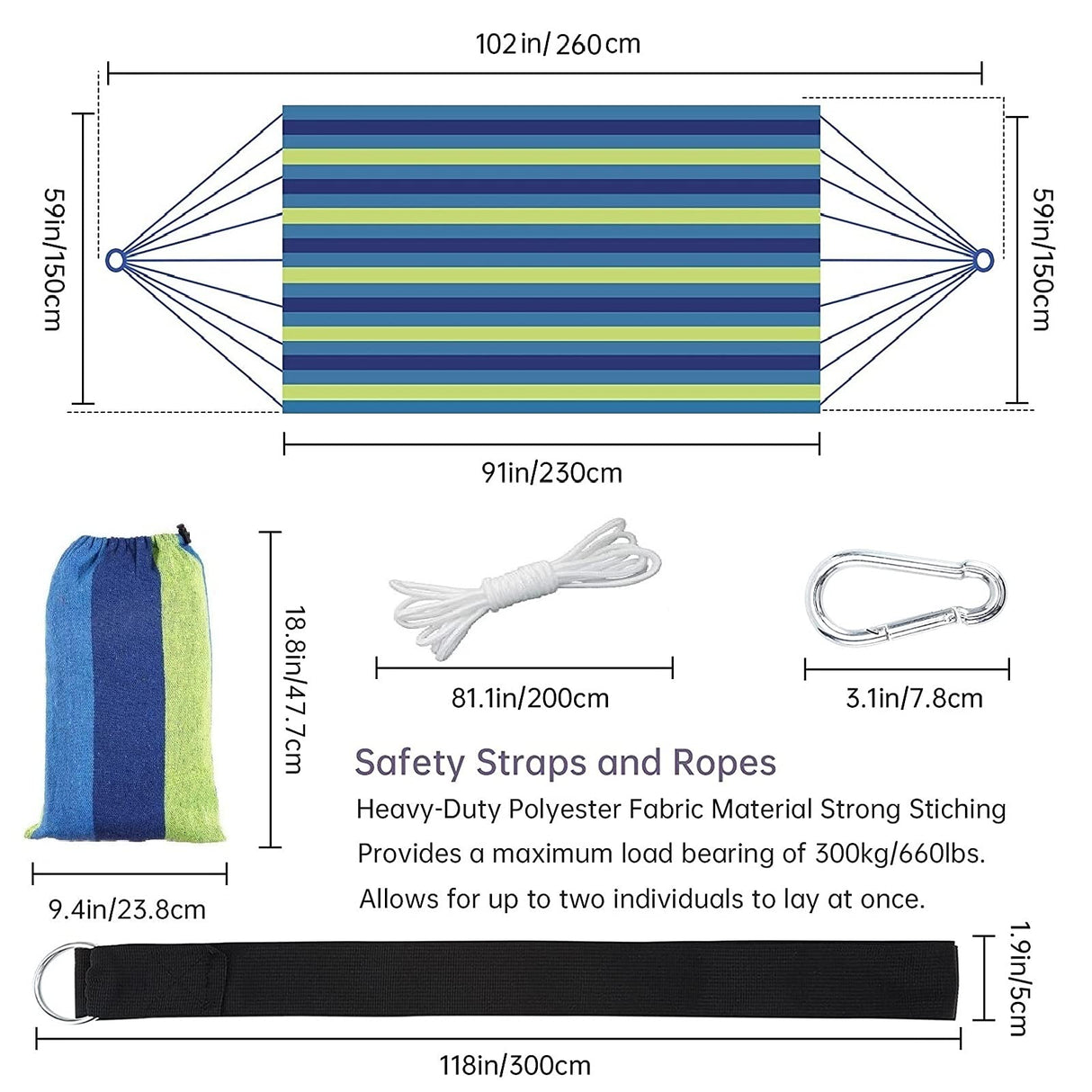 Double Brazilian Hammock 2 Person Canvas Cotton Fabric Hammock with Trees Strap for Patio Garden Balcony Porch Backyard Outdoor and Indoor STEGTA