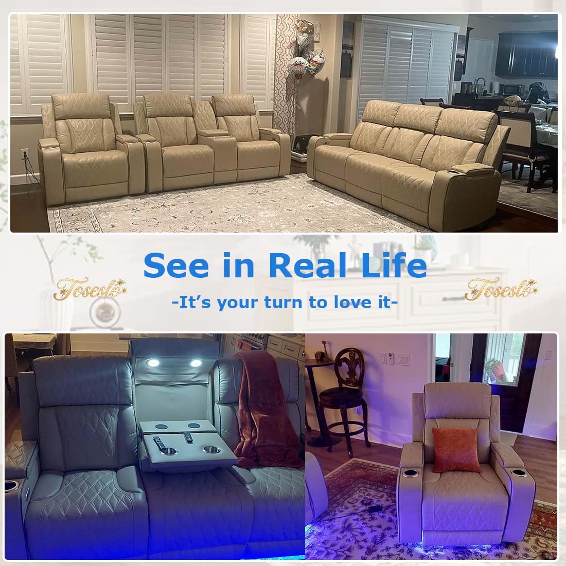 Toseslo Power Recliner Sofa Set with Drop-Down Table, 3-Piece Leather Reclining Sofa Sectional Couches, Living Room Furniture Sets, Reclining Sofa with Cup Holders/Storage Console for House(Beige) Toseslo