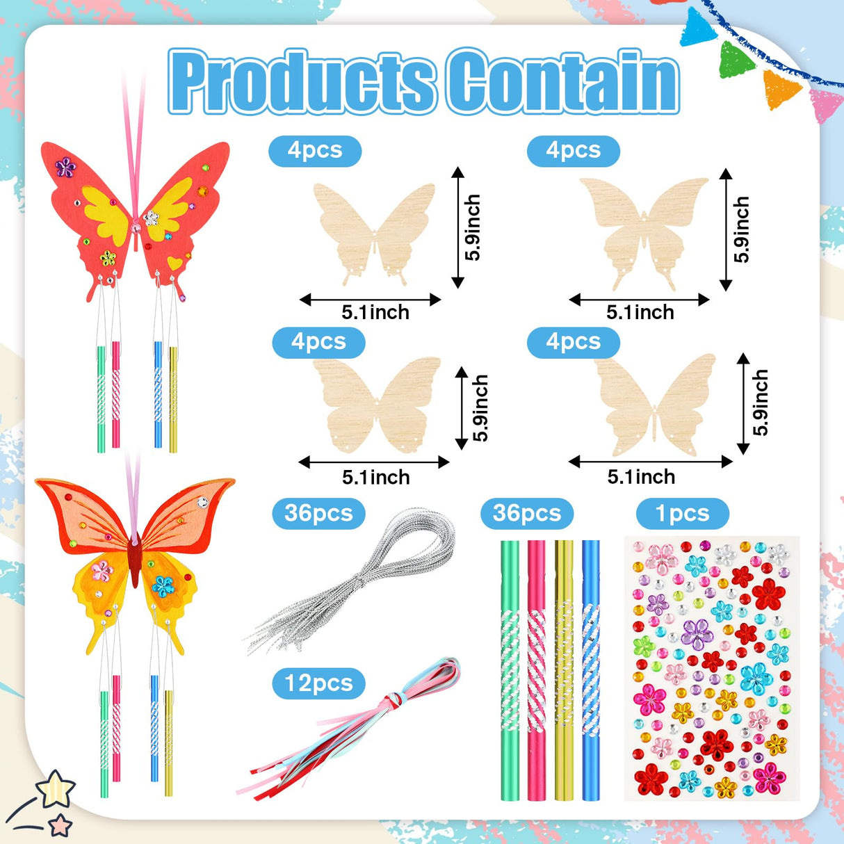 Wenqik 12 Pack Wind Chime Kit Spring Crafts Wooden Arts Make Your Own Wind Chime Ornaments DIY Coloring Craft for Spring Art Activities Favor Supplies(Butterfly) Wenqik