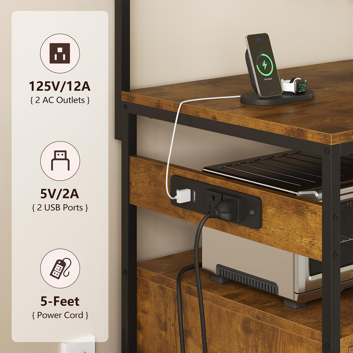 TVU Bakers Rack with Power Outlet and LED Light, Microwave Stand with Storage Cabinet, Coffee Bar Cabinet Station with 6 Hooks for Kitchen, Dining Room, Living Room, Coffee Bar, Rustic Brown TVU