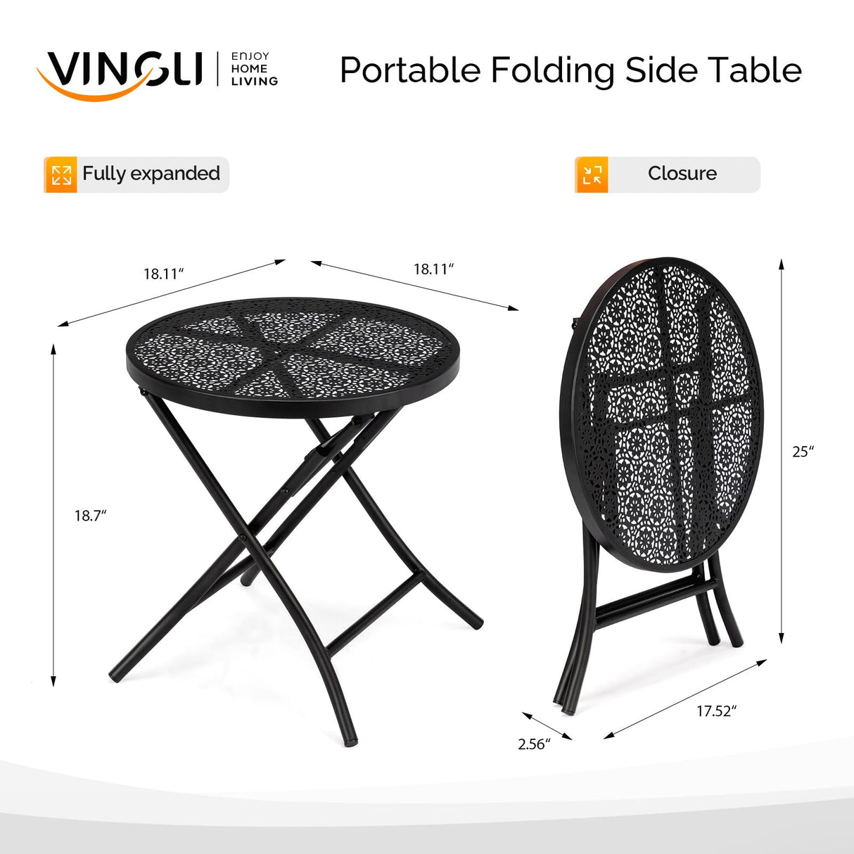 VINGLI Outdoor Folding Side Table with Chic Hollow Pattern and Durable, Rust-Resistant Black-Coated Iron Patio Bistro Table Suitable for Indoor & Outdoor Porch, Deck, Balcony and Pool VINGLI