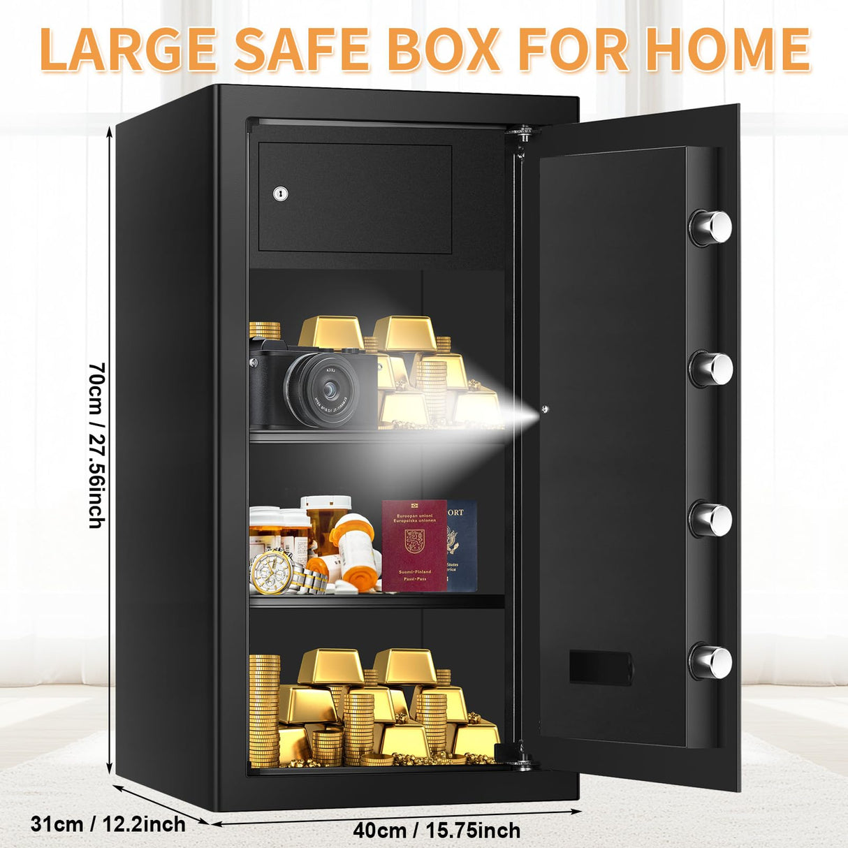 6.0 Cub Large Home Safes Fireproof Wterproof, Anti-theft Fireproof Safe with Programmable Keypad, Spare Keys and Alarm Systerm, Digital Home Security Safe Box for Document Money Medicines Homirxan