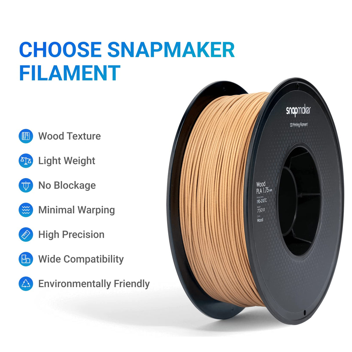 Snapmaker Filament PLA 1.75 mm, PLA Filament Wood Filament for 3D Printers, -0.05mm 0.75kg /Spool, Wood-Like Color Snapmaker