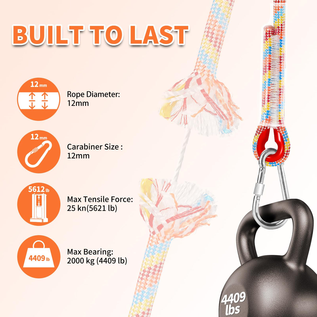 Werfeito Tree Swing Ropes (Set of 2), 3FT/5FT/10FT/15FT/20FT, Tree Swing Straps Hanging Kit Holds 4400 lbs, Heavy Duty Carabiners for All Swing Hammock Playground Set Accessories (5 FT) Werfeito