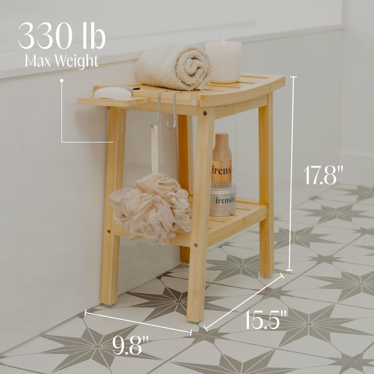 Bamboo Shower Bench for Inside Shower – Waterproof Bathroom Spa Seat with Shelf, Hooks & Soap Tray – Wood Shower Stool for Shaving, Sauna, or Small Bathroom – Walnut ATALIA