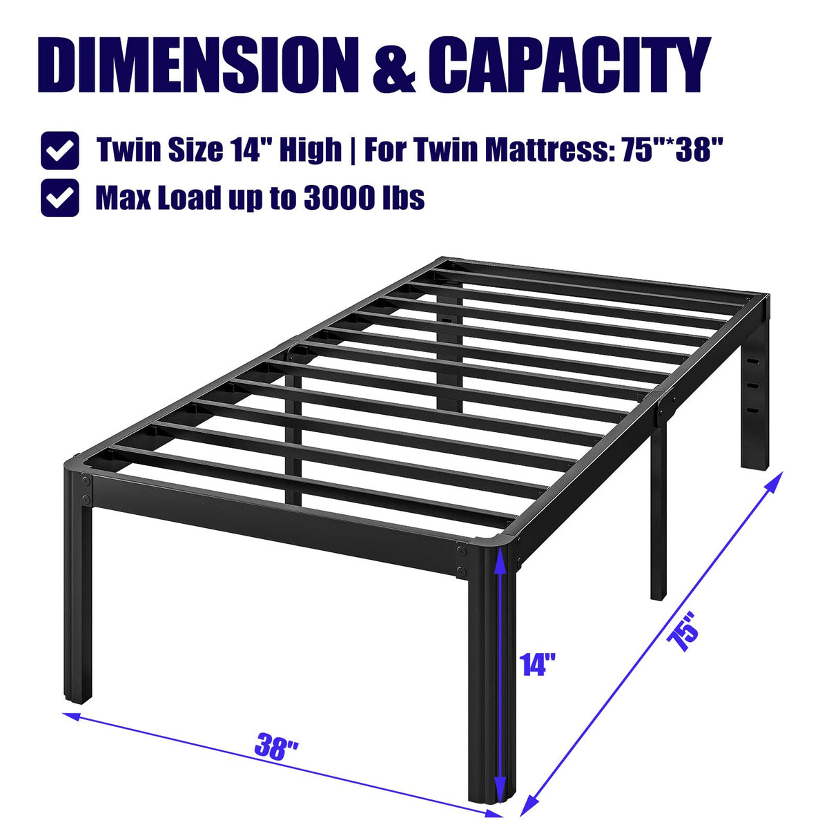 Hunlostten 14in Heavy Duty Twin Bed Frame No Box Spring Needed, Metal Platform Bed Frame Twin with Round Corners, Easy Assembly, Noise Free, Black Hunlostten