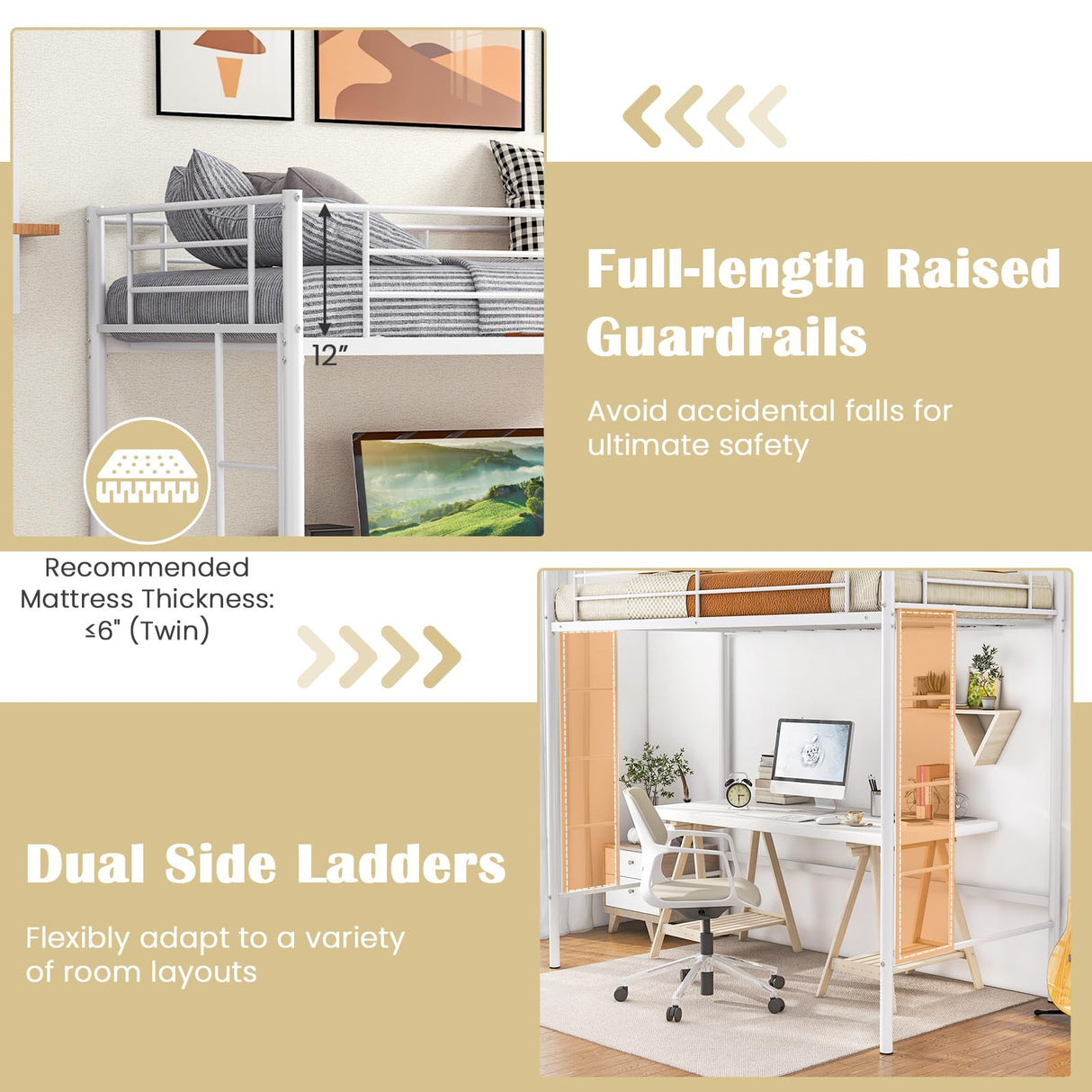 Giantex Metal Loft Bed Twin Size, Heavy Duty Metal Loft Bed Frame with Dual Ladders & Safety Guardrail, No Box Spring Needed, Space-Saving Loft Bed for Juniors Teens Adults (White) Giantex