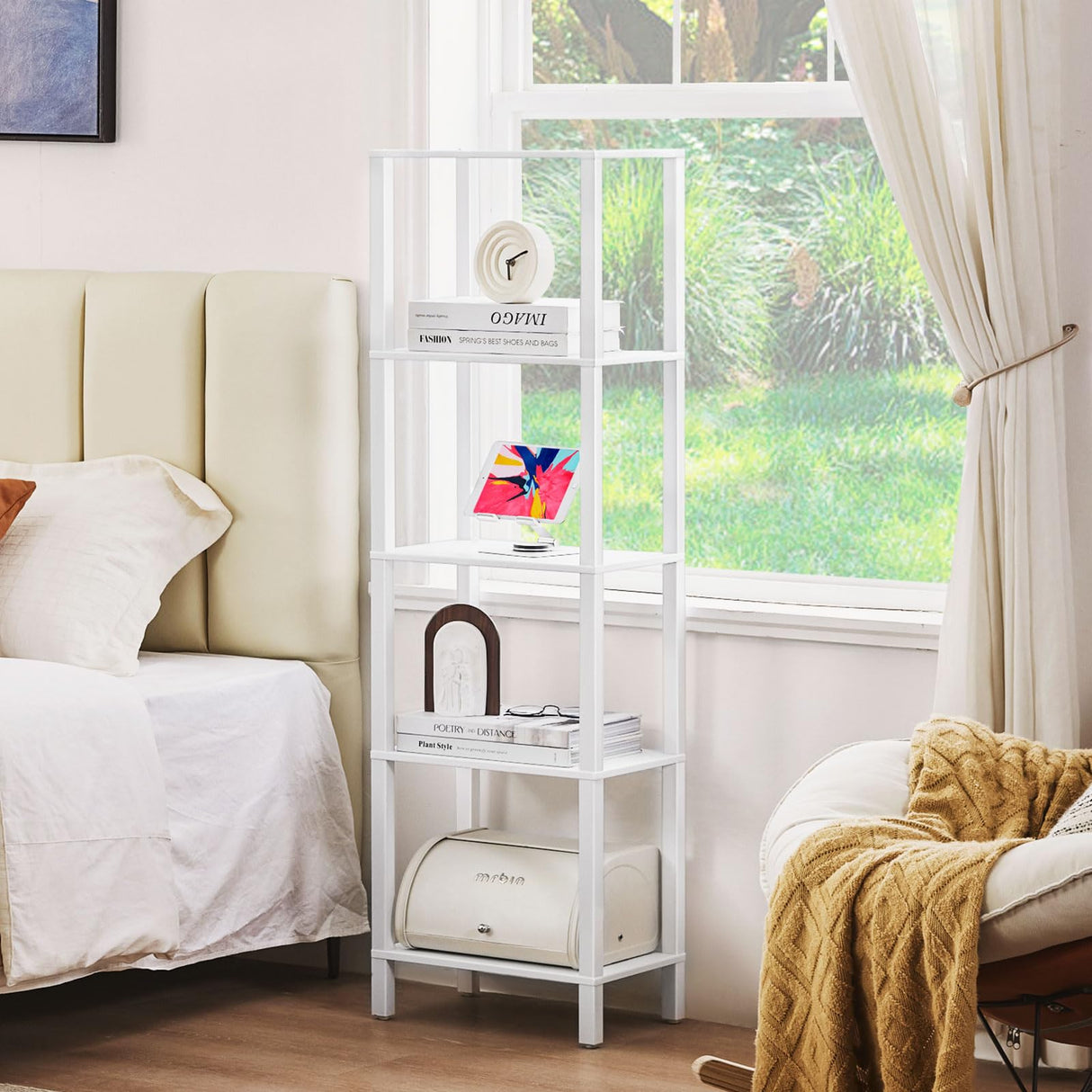 YUFAM 54in Tall Bookshelf 5-Tier Small Narrow Bookcase, Skinny Book Shelf for Small Space, Farmhouse Slim Shelf with Storage, Wood Freestanding Display Thin Bookshelves for Living Room, Office, White YUFAM