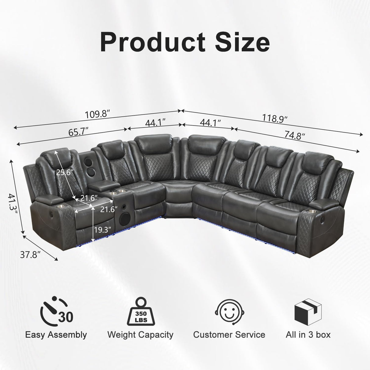 Power Recliner Sectional Sofa with Bass Speaker,Wireless Charger,Electric Reclining Sectional Sofa with 2 Faux Leather Recliner,LED Strip,Reading Light,Type-C USB Port,Cup Holder,Storage Console Gray Comfort Stretch