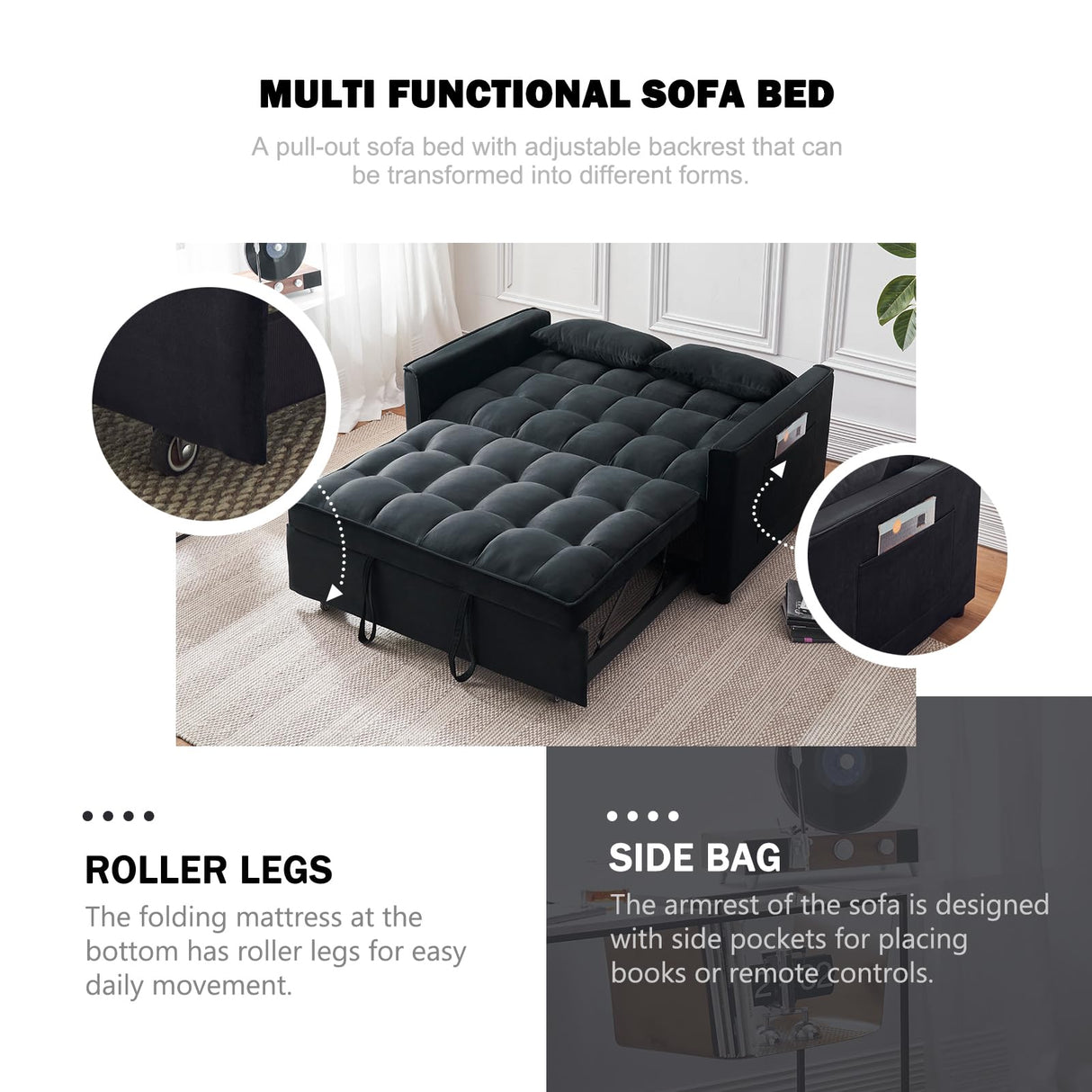 ECHINGLE Sleeper Sofa Bed, 3-in-1 Velvet Pull Out Couch with Armrests, Storage Pockets and 2 Pillows, Adjustable Backrest, Sofa Bed Couch for Living Room, Bedroom(Black) ECHINGLE