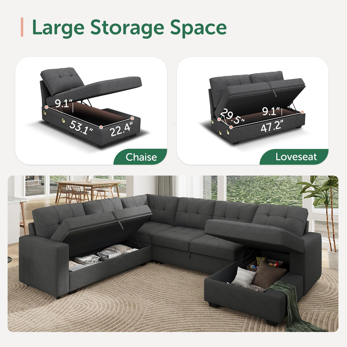 HONBAY Sectional Sleeper Sofa Pull Out Bed with Storage Chaise, Sleeper Sectional Sofa Couch, Sectional Sleeper Bed for Living Room, Dark Grey HONBAY