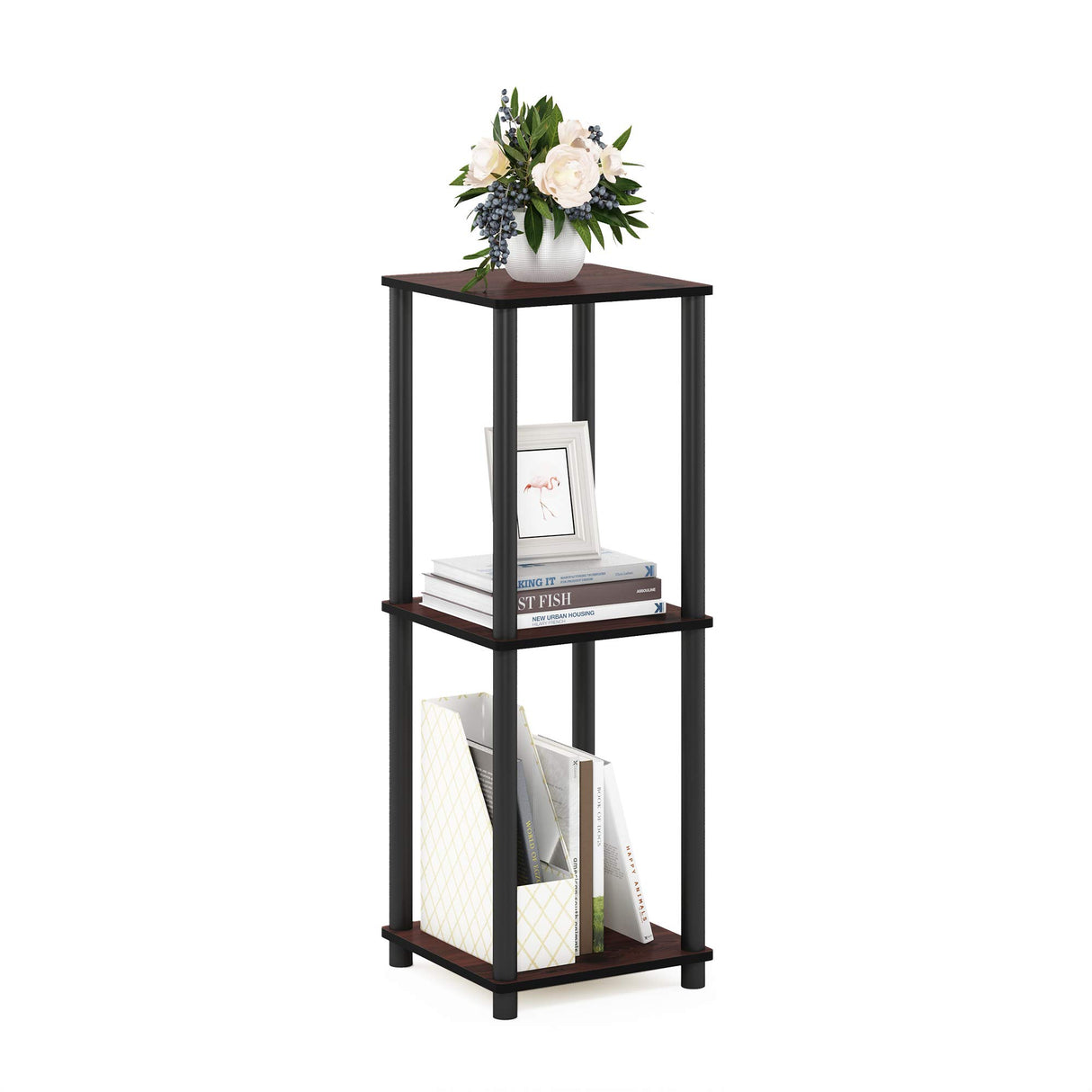 Furinno Turn-N-Tube End Table Corner Shelves, Set of 2, Dark Cherry/Black Furinno