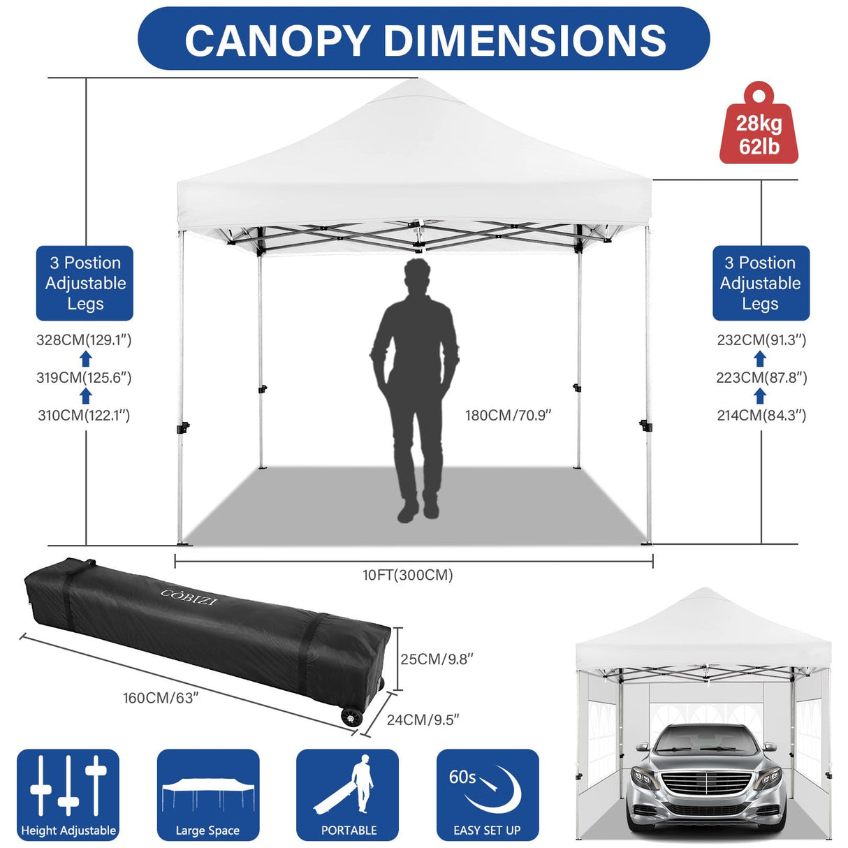 Tooluck 10x10 Pop up Canopy Commercial Heavy Duty Canopy Tent with 4 sidewalls Easy Up Outdoor Party Tent Instant Canopy All Season Windproof & Waterproof Gazebo with Roller Bag,White(Frame Thickened) Tooluck