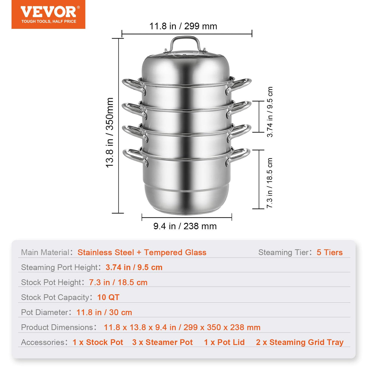 VEVOR Steamer Pot 11.8in/30cm, 5 Tier Steamer Pot for Cooking with 10QT Stock Pot, 3 Vegetable Steamers & 2 Steaming Trays, Food-Grade 304 Stainless Steel Food Steamer Cookware for Gas Electric Stove VEVOR