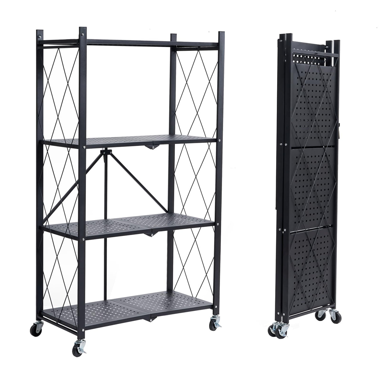 BRIAN & DANY 4-Shelf Foldable Storage Shelves with Wheels, Folding Metal Rack Shelving Unit, Heavy Duty No Assembly Organizer Shelf for Garage, Kitchen, Basement, Pantry, Black BRIAN & DANY