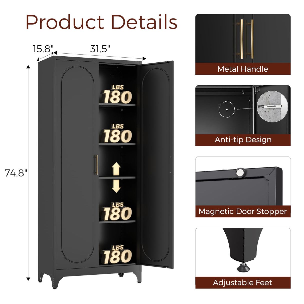 Kubohogar 75" Tall Kitchen Pantry Cabinet with 2 Doors and 4 Adjustable Shelves, Black Metal Storage Cabinets, Kitchen Cupboard for Dinning Living Room, Bathroom, Home Office Kubohogar