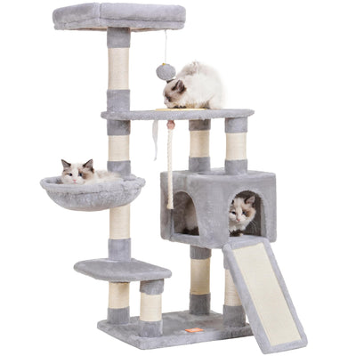 Heybly Cat Tree, Cat Tower for Indoor Cats with Scratching Board, Multi-Level Cat Furniture Condo with Feeding Bowl Light Gray HCT010SW
