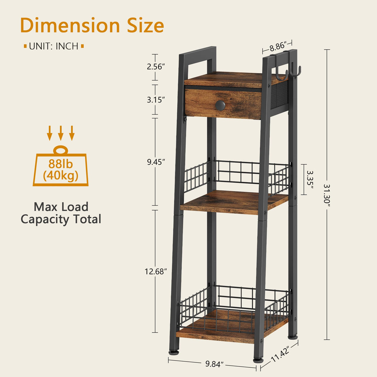 Gewudraw 3-Tier Narrow Bathroom Ladder Shelf with Drawer, Bathroom Floor Storage Shelf, Freestanding Tower Shelf Ladder Bookshelf Brown Gewudraw