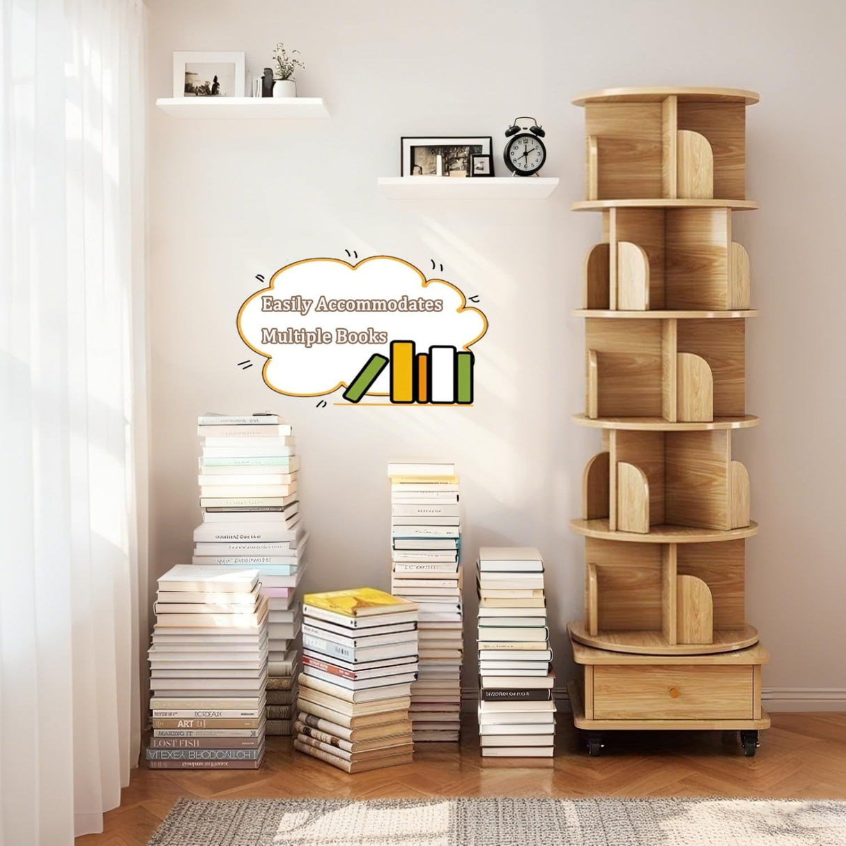 anwickjeff 6 Tier Rotating Bookshelf Tower, 360°Round Spinning Bookshelf with Drawers and Wheels, Small White Rotating Bookcase for Bedroom,Living Room,Office (Oak, 6 Tier) anwickjeff