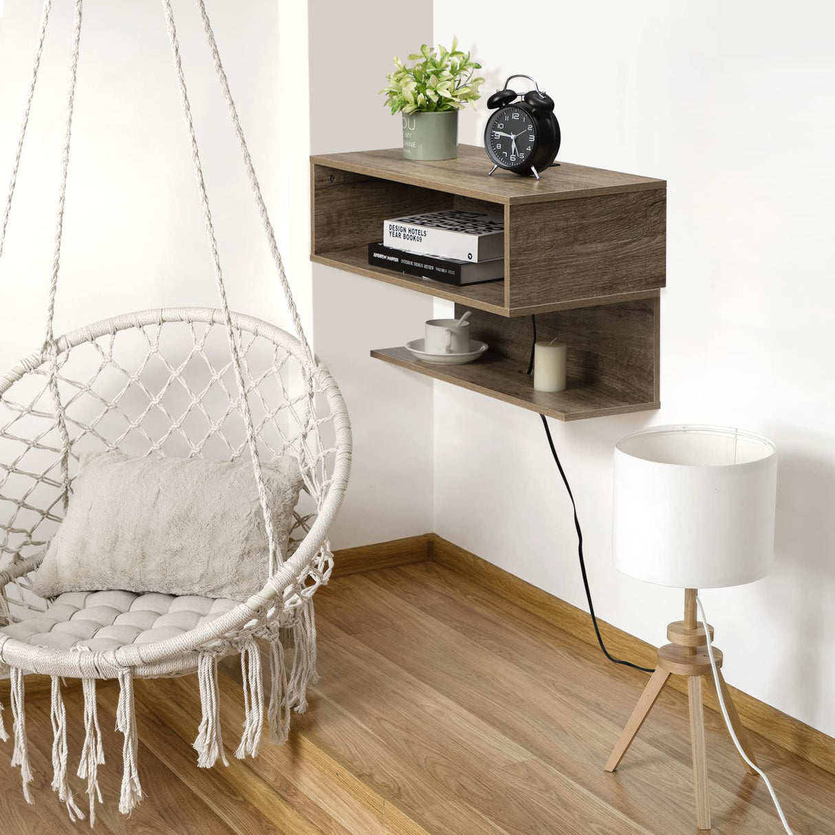 ALIMORDEN Floating Nightstand with Charging Station, Wall Mount Bedside Shelf with Drawer Storage USB Ports and Power Outlets, Small Wall Shelves for Bedroom, Weathered Oak ALIMORDEN