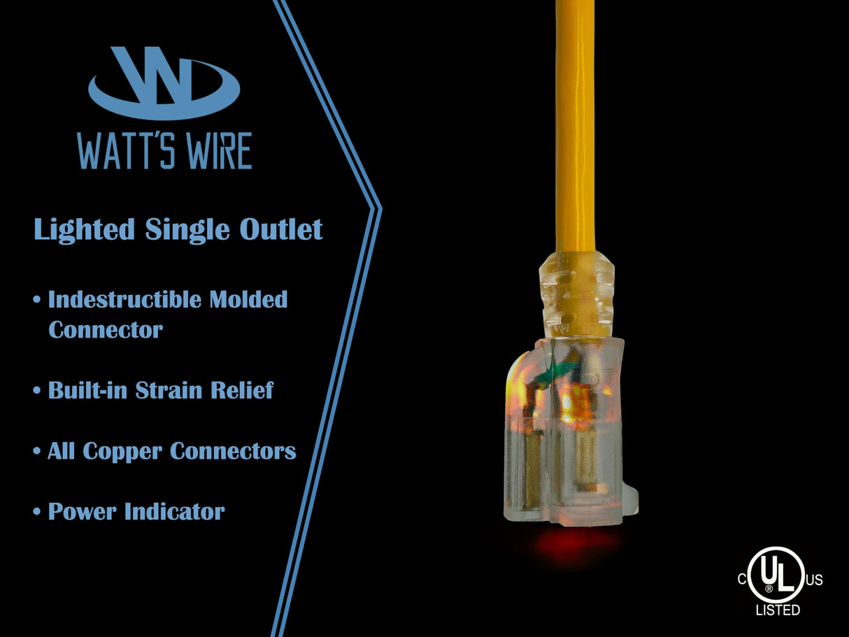 10 ft - 12 Gauge Heavy Duty Extension Cord - Lighted SJTW - Indoor/Outdoor Extension Cord by Watt's Wire - 10' 12-Gauge Grounded 15 Amp Extension Cord Splitter Watt's Wire
