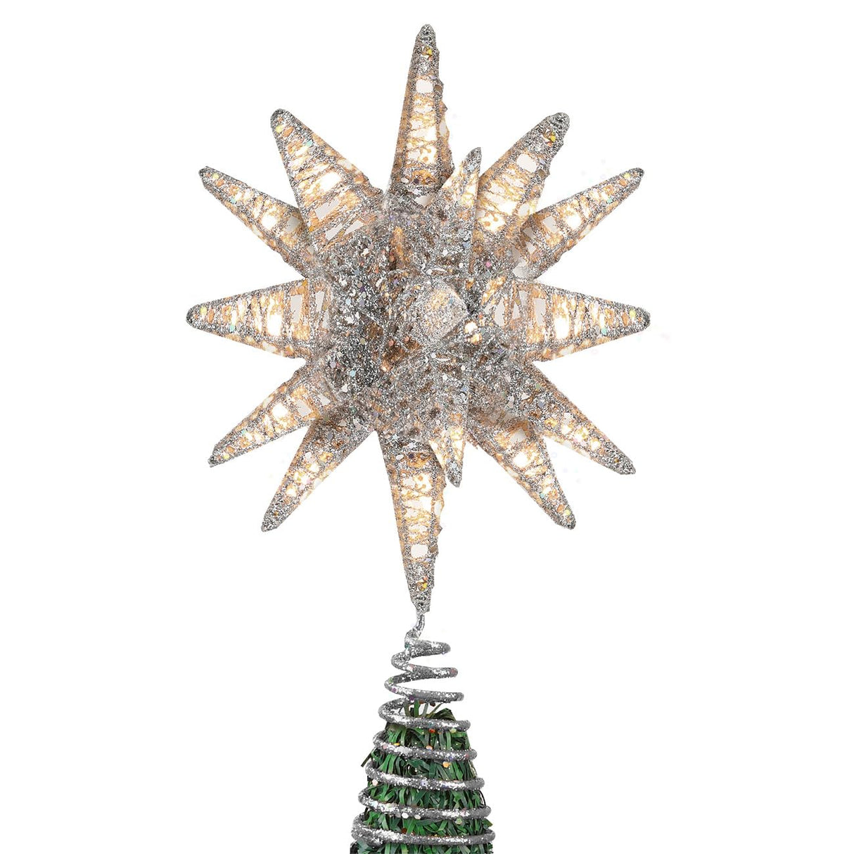 Luxspire Christmas Tree Topper, 3D Star Lighted Tree Topper, Christmas Decorations, Plug in Christmas Tree Topper with Timer, Silver Luxspire
