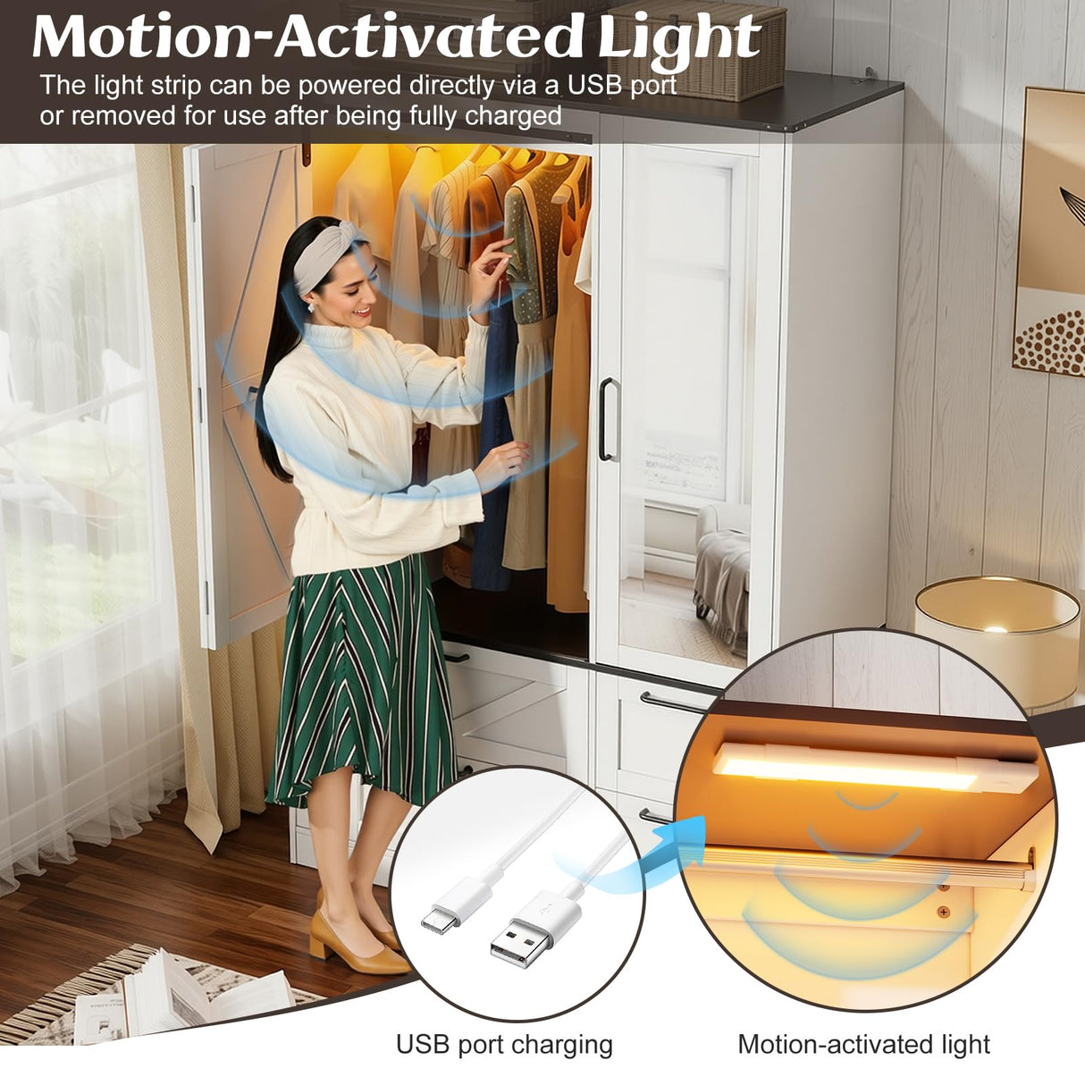 PAKASEPT Armoire Wardrobe Closet with w/Folding Sliding Barn Door, Bedroom Armoires with Mirror and Sensor Lights, Hanging Rod, Wardrobe Closet for Bedroom (19.69" D x 47.24" W x 72.83" H) PAKASEPT