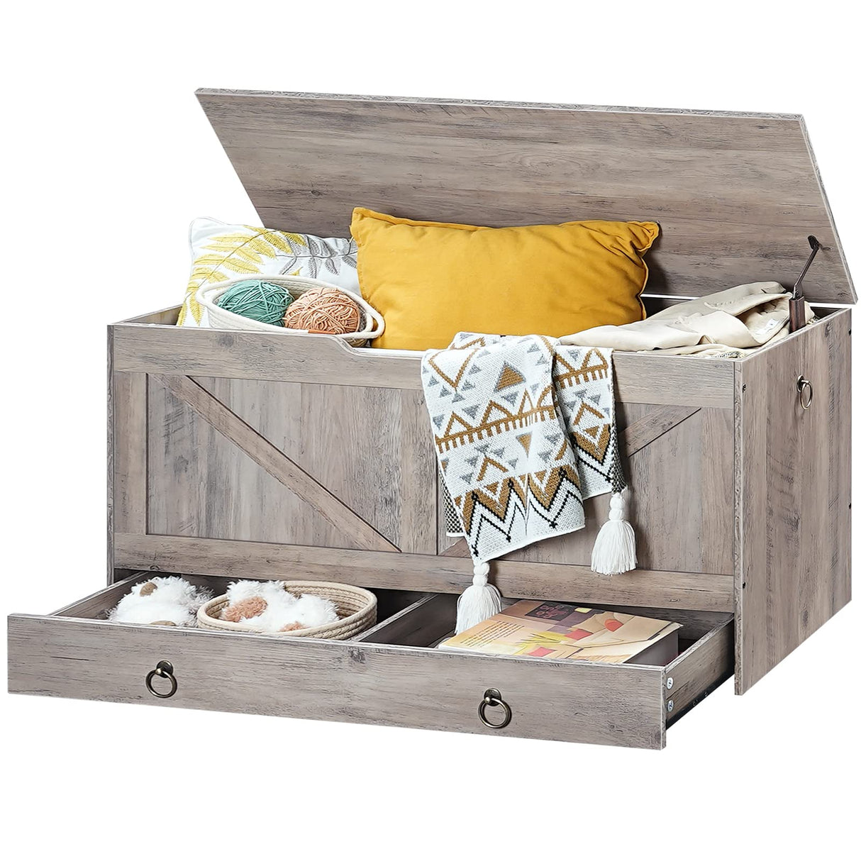 HOOBRO Storage Chest, 39.3" Toy Chest with Drawer, Wooden Storage Bench, Sturdy Entryway Bench Supports 220 lb, Shoe Bench, Safety Hinge, U-Shaped Opening, Easy Assembly, Greige BG710CW01G1 HOOBRO