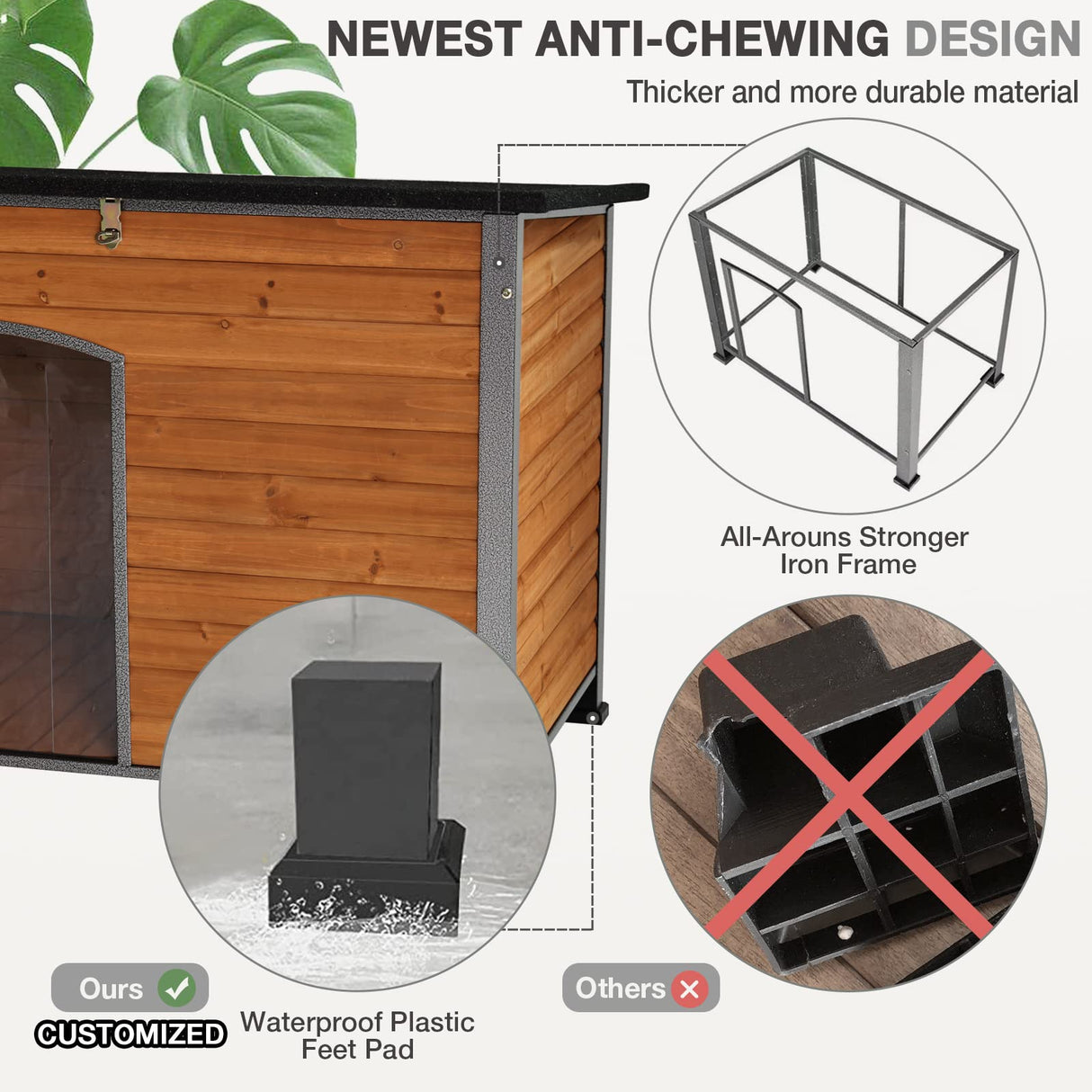 Dog House Outdoor Insulated Dog House for Small Medium Large Dogs, Natural Wood with Iron Frame, Waterproof Roof Raised Feet MEDEHOO