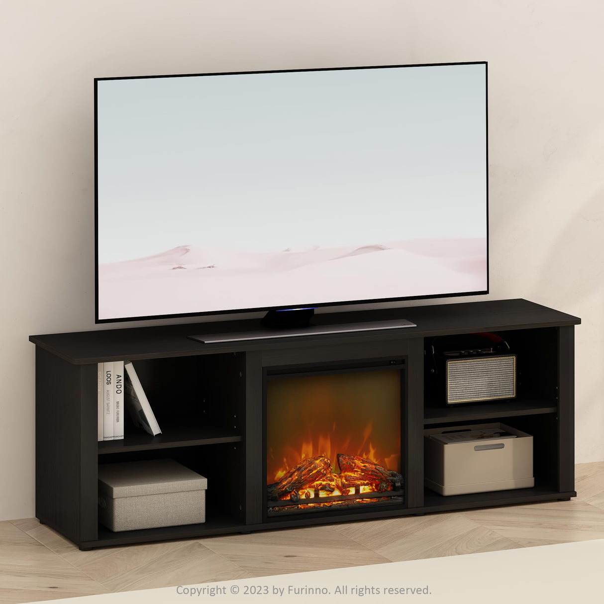 Furinno Jensen No Heat Decorative Electric Fireplace TV Stand, Entertainment Center for TV up to 70 Inch, Americano Furinno