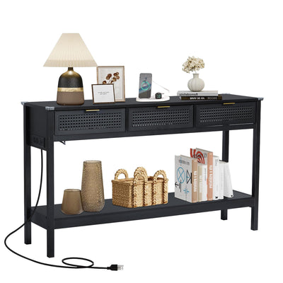 Entryway Table with Storage, Narrow Console Table with Drawers, 55.12'' Couch Table Behind Sofa Long and Skinny with Outlet for Living Room TV, Hallway Entrance Foyer, Wood Black Metal Rattan