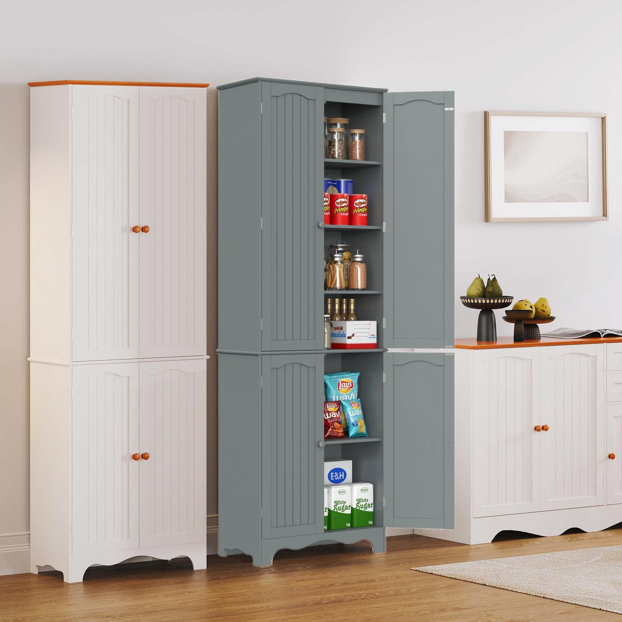 Function Home Tall Pantry Cabinet, Freestanding Storage Cabinet, Wooden Kitchen Pantry with 4 Doors and 5 Shelves, 72" Floor Cabinet Organizer for Kitchen Living Room Bathroom, Grey Function Home