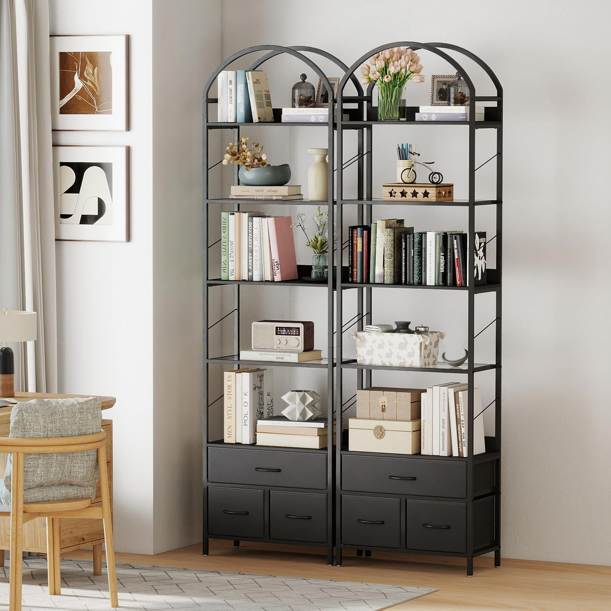 Turosur Arched Bookshelf with 3 Drawers & LED Lights, 83" Tall Narrow Bookcase with Open Shelves, 6 Tier Industrial Bookshelf for Living Room, Bedroom, Study, Black Turosur