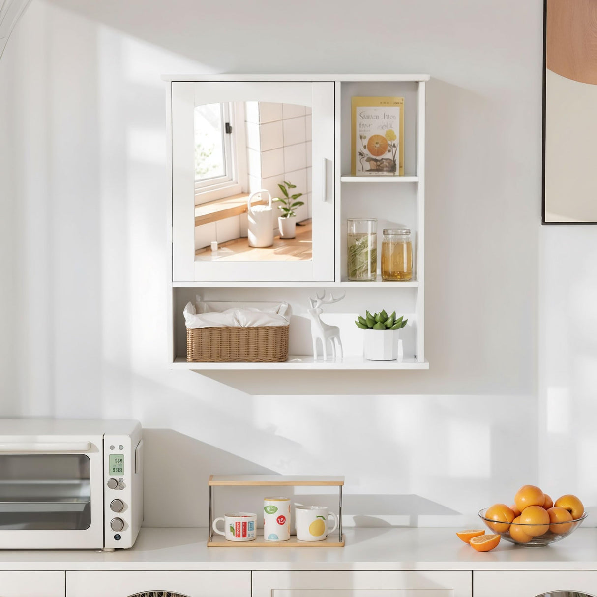 VECELO Bathroom Wall Cabinet with Mirror, Wall Mounted Medicine Cabinets with Door and 3 Open Shelves, Adjustable Shelf, 16.8 x 22.5 x 7.2 Inches, White VECELO