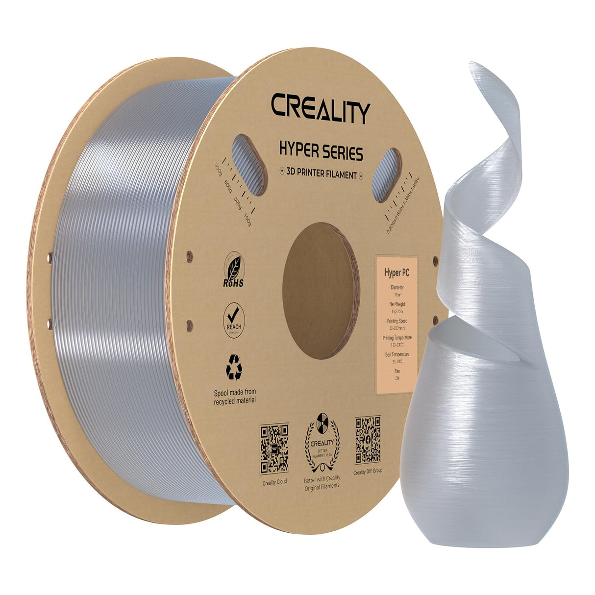 Creality PC Filament 1.75mm, Clear Polycarbonate Filament Designed for 300mm/s High Speed Printing, 1kg(2.2lbs)/Spool Hyper PC Filament, Tough and High Heat Resistant, Fits for 3D Printers Creality