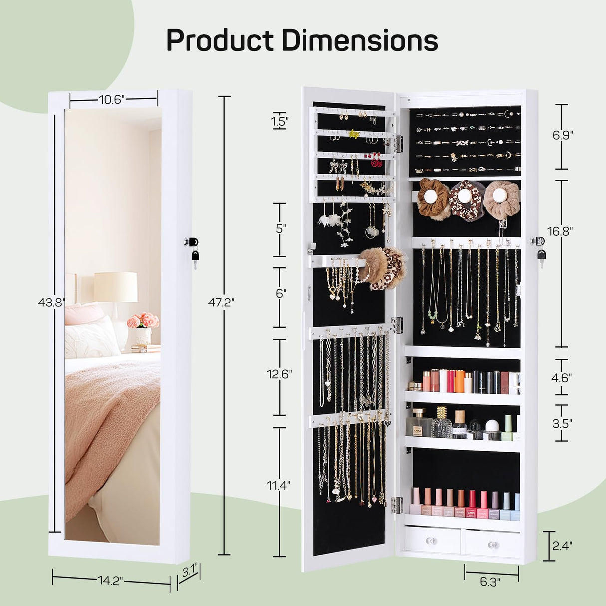 Zibbizo Jewelry Organizer Cabinet, 47.2-Inch Lockable Jewelry Armoire with Full-Length Mirror, Wall or Door-Mounted, Large Storage with 6 LEDs, 3.85" D x 14.25" W x 47.24" H, White Zibbizo