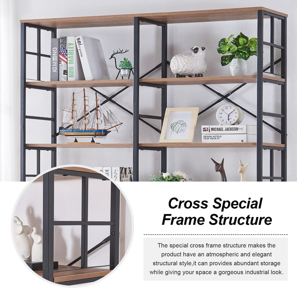 HOMISSUE 84" Industrial Double Wide 7-Tier Bookshelf in Rustic Brown HOMISSUE