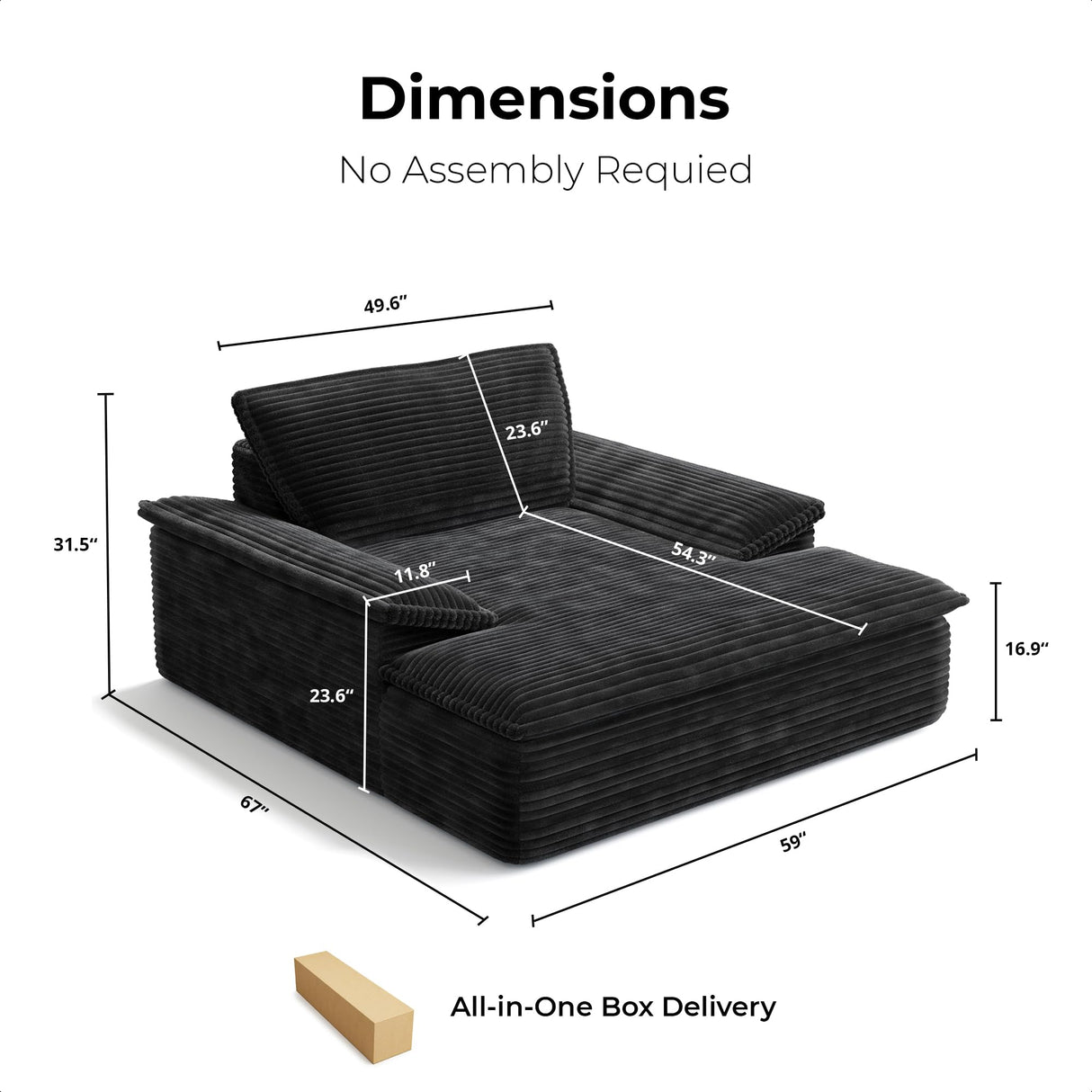 LIKIMIO 59'' Oversized Chaise Lounge Chair Indoor, Upholstered Sofa Bed with Thick Cushion and Armrests, Sleeper Chair - Plush Corduroy Chair Bed for Living Room, Bedroom (Black) LIKIMIO