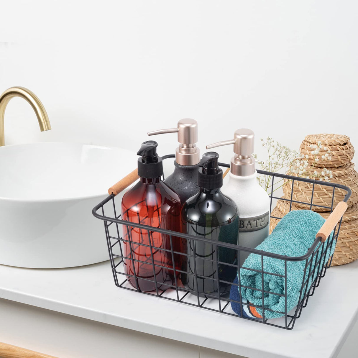 Wire Basket 2 Pcs Wire Storage Baskets Wire Baskets Organizing with Wooden Handles Wire Basket Pantry Organization and Storage Metal Wire Food Storage Basket for Kitchen, Cabinets (Black 2PCS) ELEATTRUN