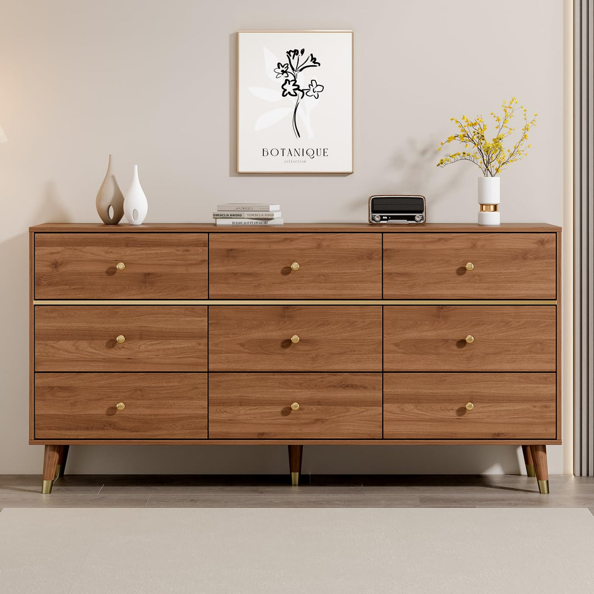 Chrangmay 9 Drawer Dresser,63" Wide Mid Century Modern Chest of Drawers,Wooden Bedroom Drawer Dresser with 9 Storage Drawers for Bedroom, Living Room,with Anti-Tipping Device,Walnut Chrangmay