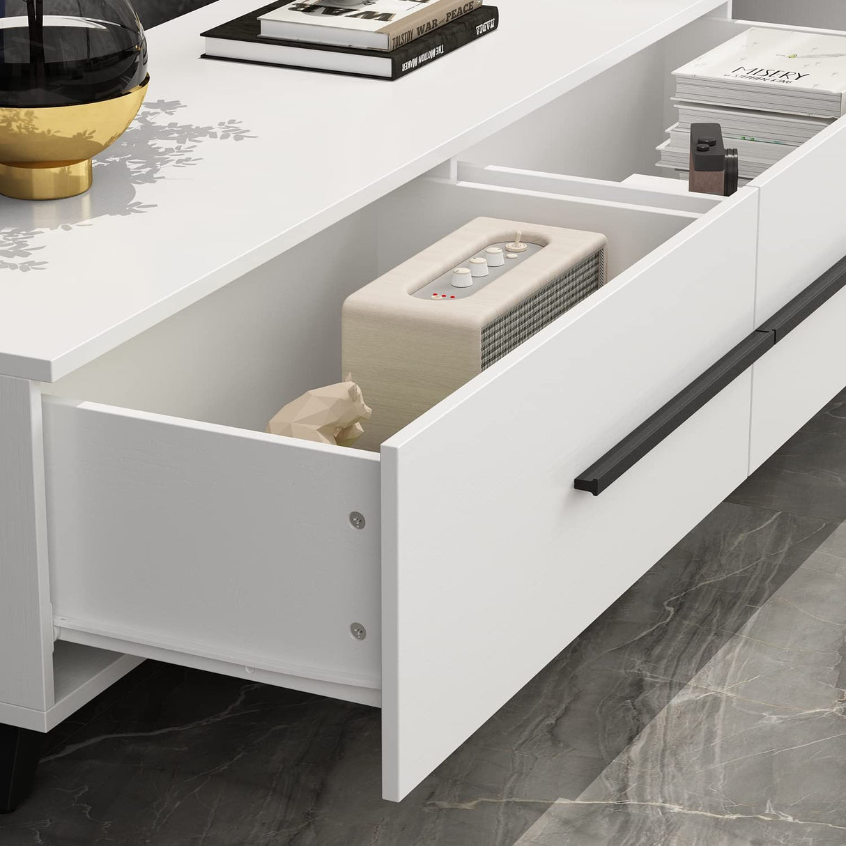 AIEGLE Deformable TV Stand with 4 Drawers, Modern Extendable TV Stand in Stretch for TVs up to 120", Wood Gaming Entertainment Center Media Stand with Adjustable Width, White (Wide 95"-134") AIEGLE