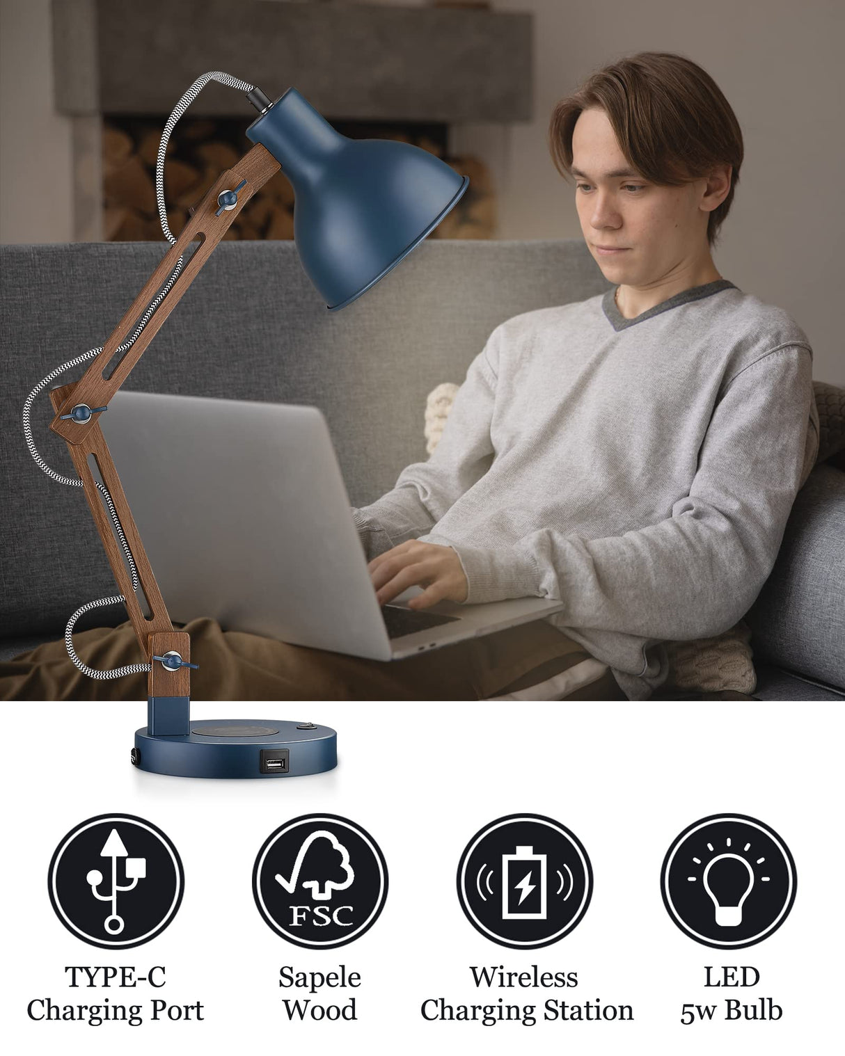 ELYONA Sapele Wood Desk Lamp with Upgraded Wireless Charger, Swing Arm Table Lamp with USB C Charging Port, Reading Task Light for Bedroom, Dorm, Office, Living Room, LED Bulb Include, Modern Blue ELYONA