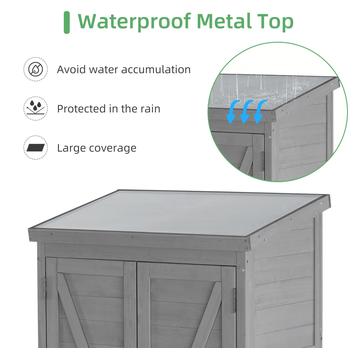 68''x33''x20'' Outdoor Wooden Storage Shed with Metal Top Tall Vertical Tool Cabinet for Backyard Garden Patio Lawn (Grey) Mederlo