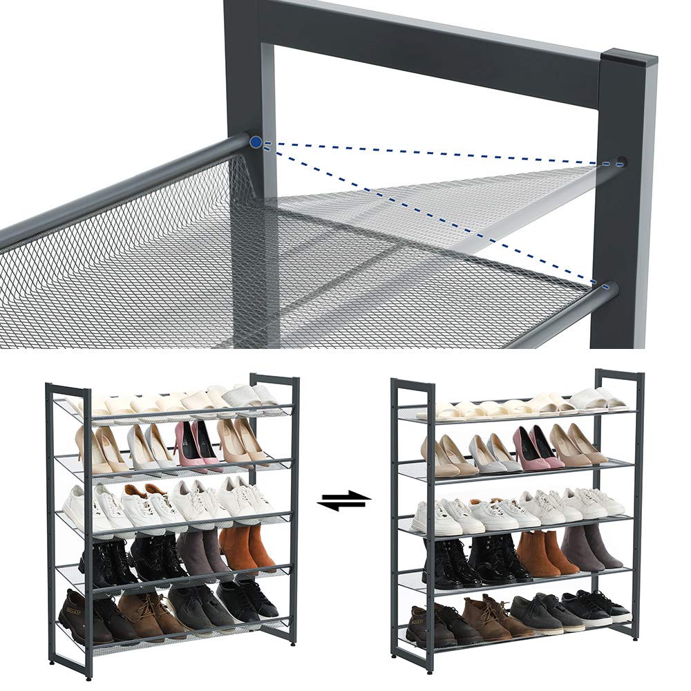 SONGMICS Shoe Rack, 5-Tier Shoe Organizer, Metal Shoe Storage for Garage, Stackable Shoe Shelf, with Adjustable Flat or Angled Shelves, 20-25 Pairs, Charcoal Gray ULMR05GB SONGMICS
