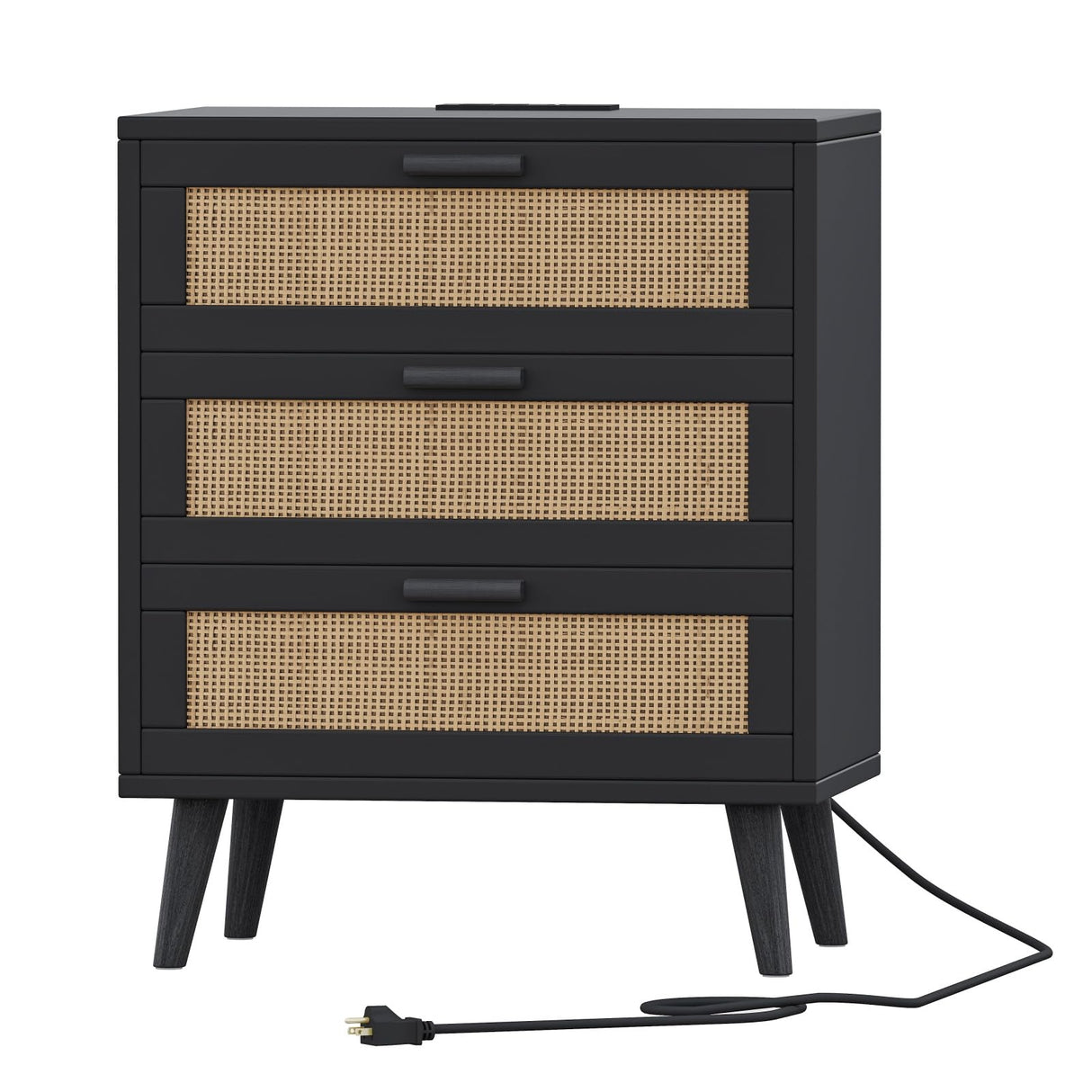 Irontar Rattan Nightstand with Charging Station, Night Stand with 3 Large Rattan Drawers, Accent End Table, Bedside Table with Solid Wooden Legs for Bedroom, Black and Natural BZZ006BME Irontar