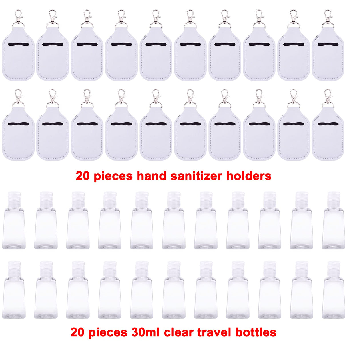 Duufin 40 Pieces Hand Sanitizer Holder Empty Travel Bottle Set Including 20 Pieces Hand Sanitizer Keychain Holders and 20 Pieces Reusable Flip Cap Travel Bottles for Hand Sanitizer, White Duufin