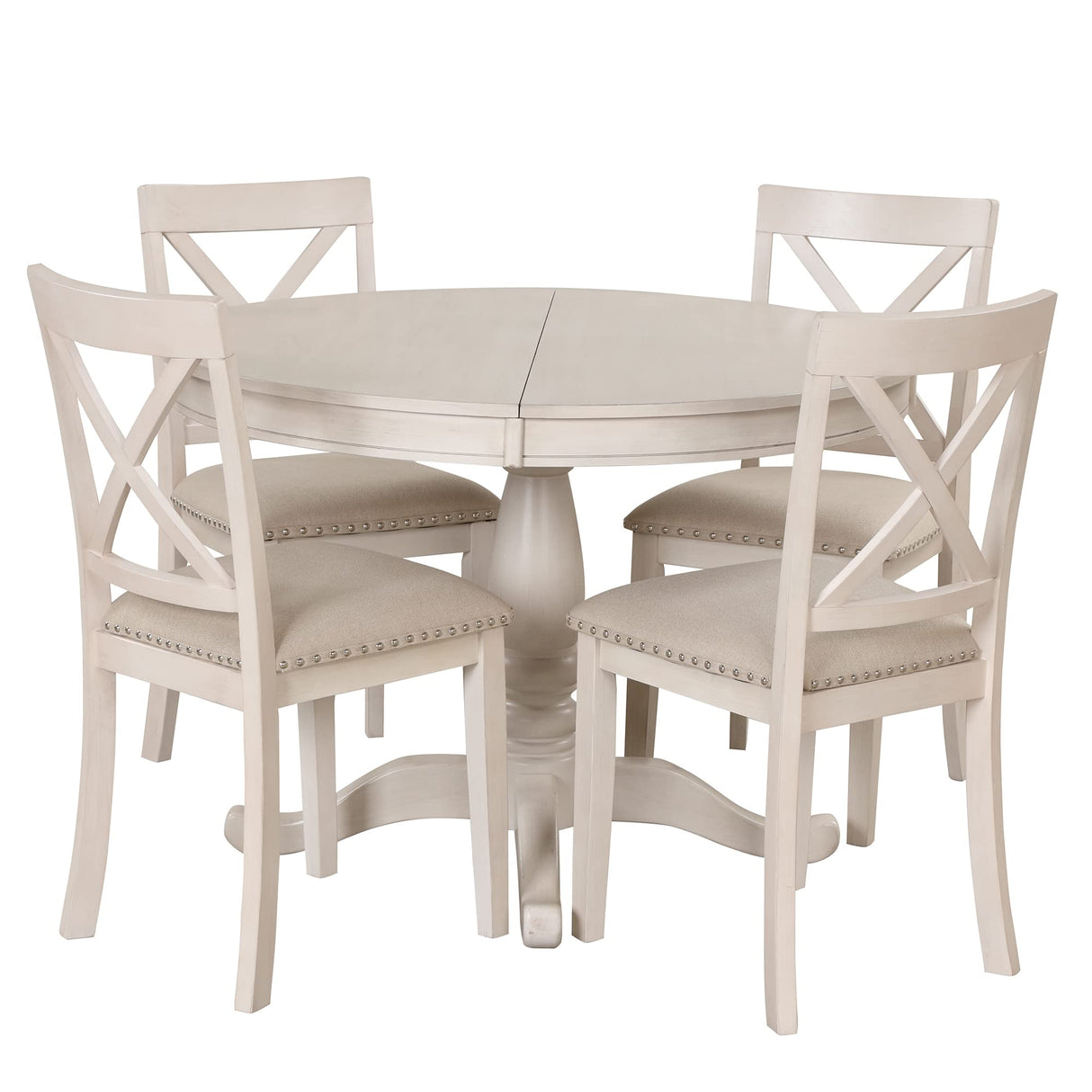Voohek 5-Piece Kitchen Dining Set for 4, with Extendable Round Wood Table and Chair, Classic Family Furniture for Dinette, Compact Space, Antique White Voohek