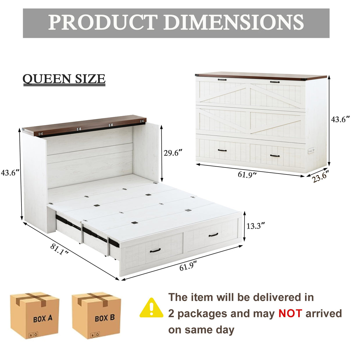 JassmiPkwy Queen Size Murphy Bed Frame, Farmhouse Wood Queen Beds with Charging Station, Drawer, Queen Foldable Platform Bed, White JassmiPkwy
