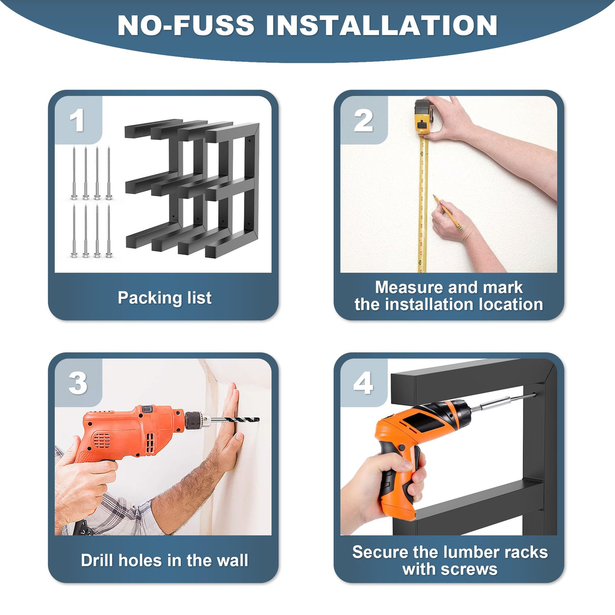 Ultrawall Lumber Storage Rack Wall Mount Wood Storage Racks, Metal Wood Organizer Racks for Shed, Workshop, Garage, Holds Up 220 LBS Per Level (Pack of 4, Black) Ultrawall