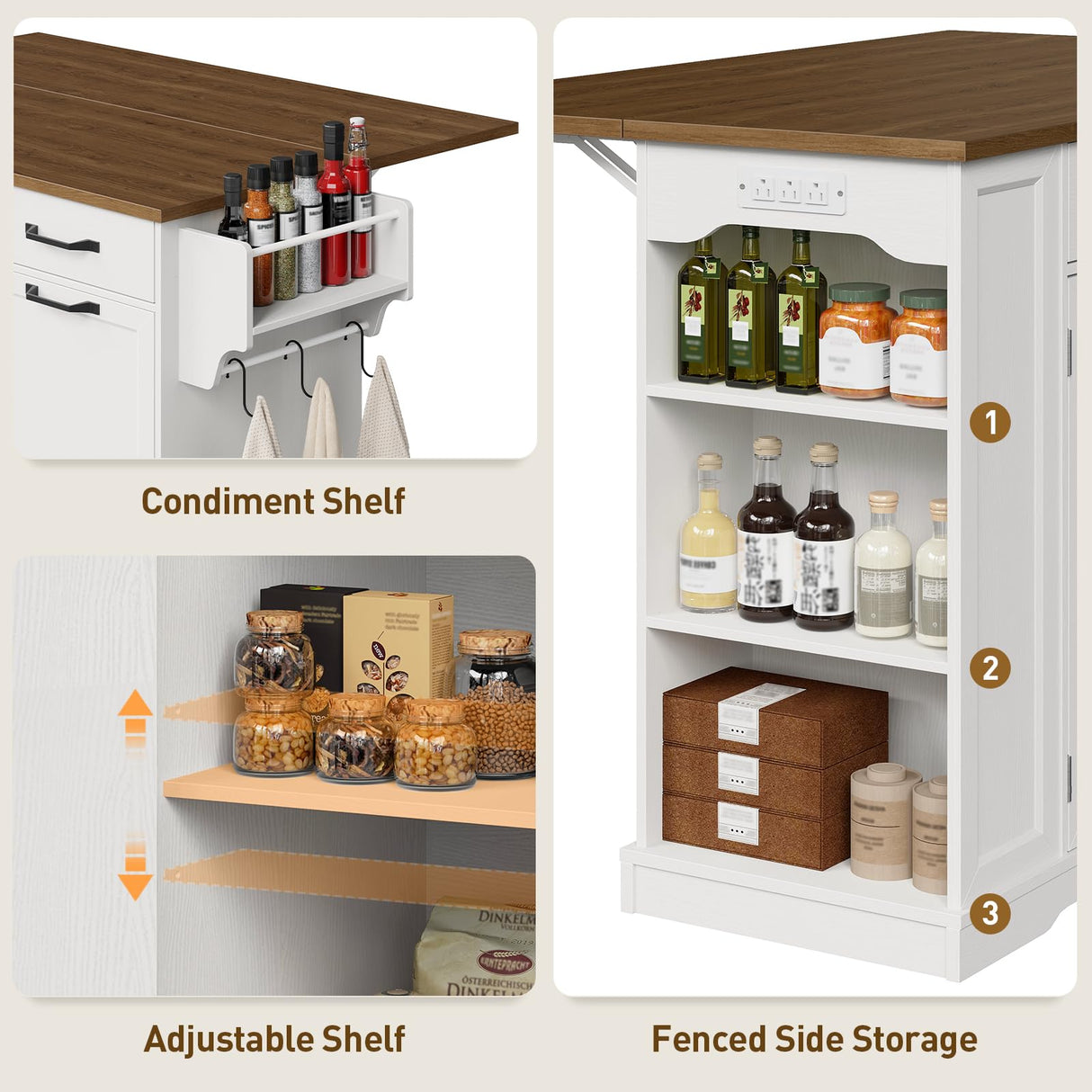 RALGEND Kitchen Island with Power Outlet & Drop Leaf, Rolling Storage Cart with Trash Storage Cabinet,Farmhouse Mobile Island Table for Kitchen, Dining Room, Hidden Casters, White and Walnut RALGEND